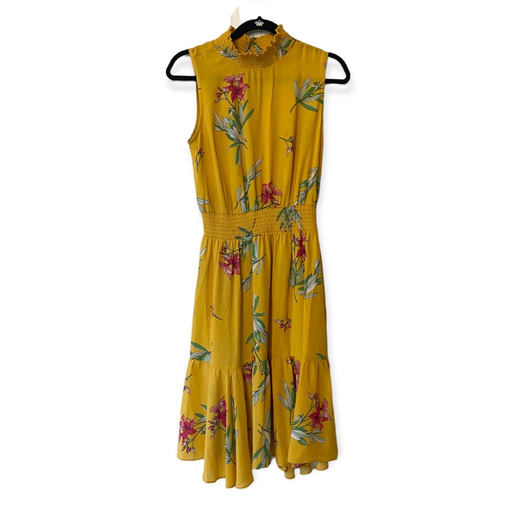 Nanette Lepore Yellow Pink Print Dress Size 6 Mock Neck Elastic Waist Floral